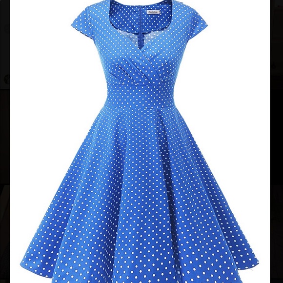 blue polka dot 50s dress